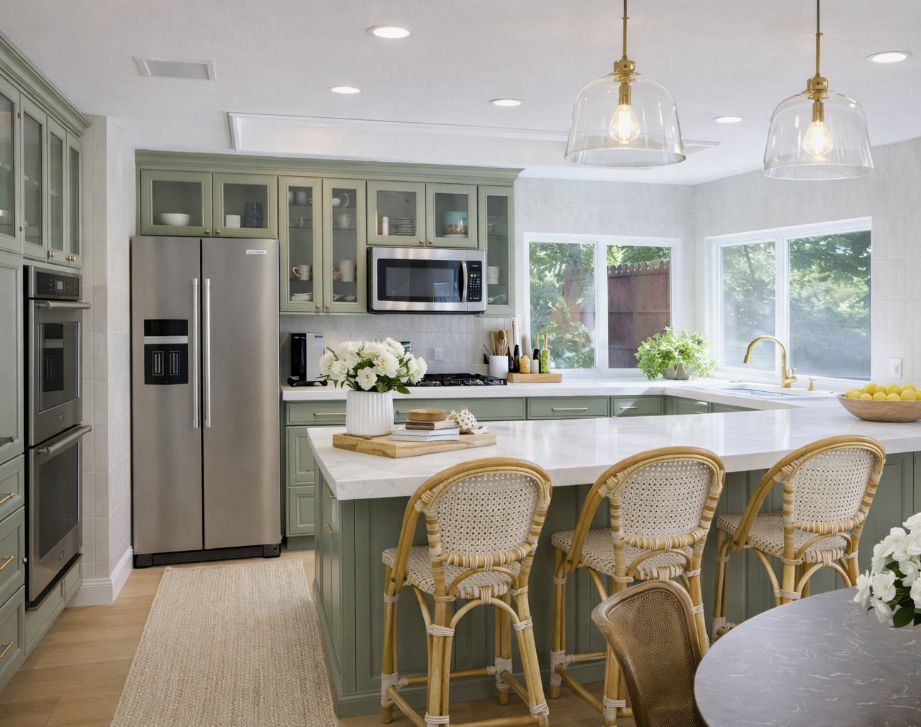 A modern kitchen with green cabinetry, a large white island with barstools, stainless steel refrigerator, microwave, and double ovens, decorated with white flowers and greenery.