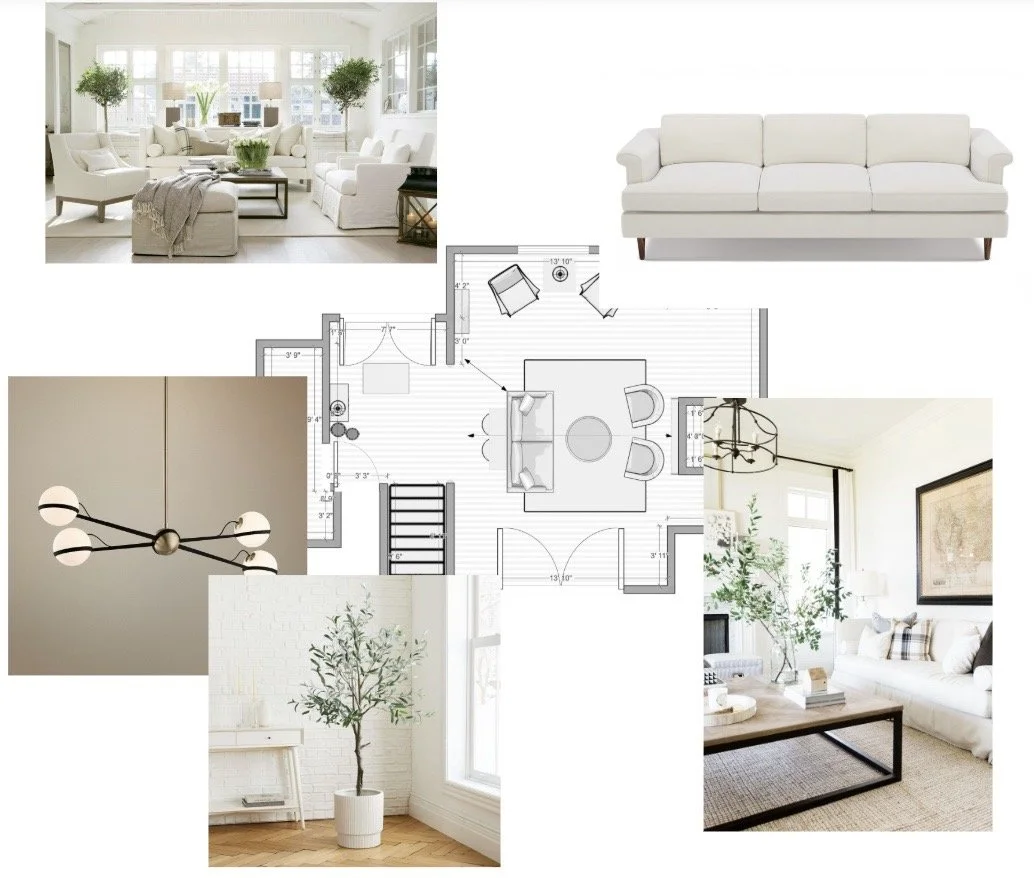 Collage of living room interior photos with different white sofas, decor, and lighting fixtures alongside a floor plan of a living room.