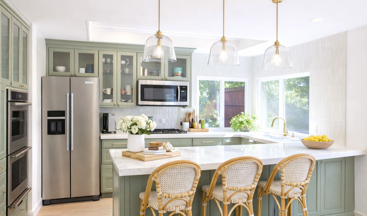 Bright kitchen with green cabinetry, stainless steel refrigerator, built-in microwave, and double ovens. The kitchen has a large island with a white marble countertop, three woven chairs, pendant lights, and large windows with a view of greenery and a wooden fence outside.