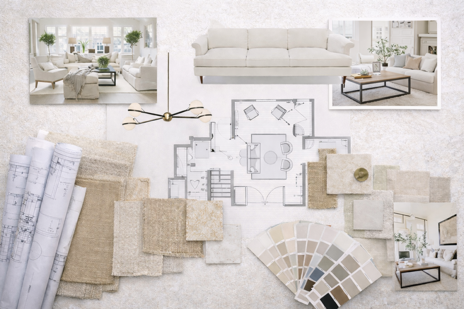Interior design mood board with photos of living rooms, fabric swatches, blueprints, and color swatches for decorating a home.
