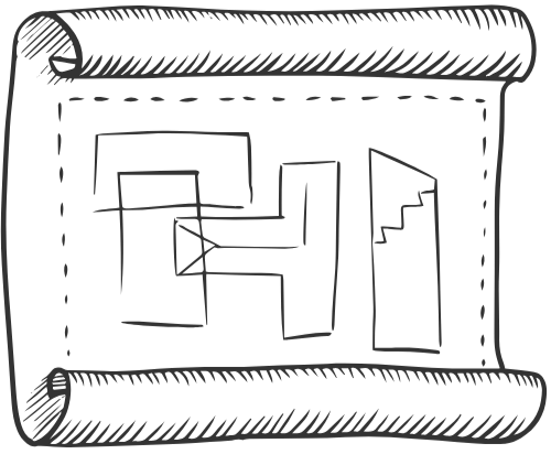 A black and white sketch of a scroll with a diagram of interconnected rectangles and trapezoids.