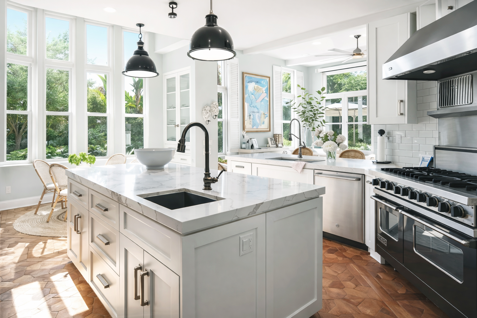 Bright, modern kitchen with white cabinetry, marble countertops, and large windows with lush greenery outside. Features a central island with a black sink, black pendant lights, and stainless steel appliances, including a stove and dishwasher. Decor includes flowers, framed artwork, and houseplants.