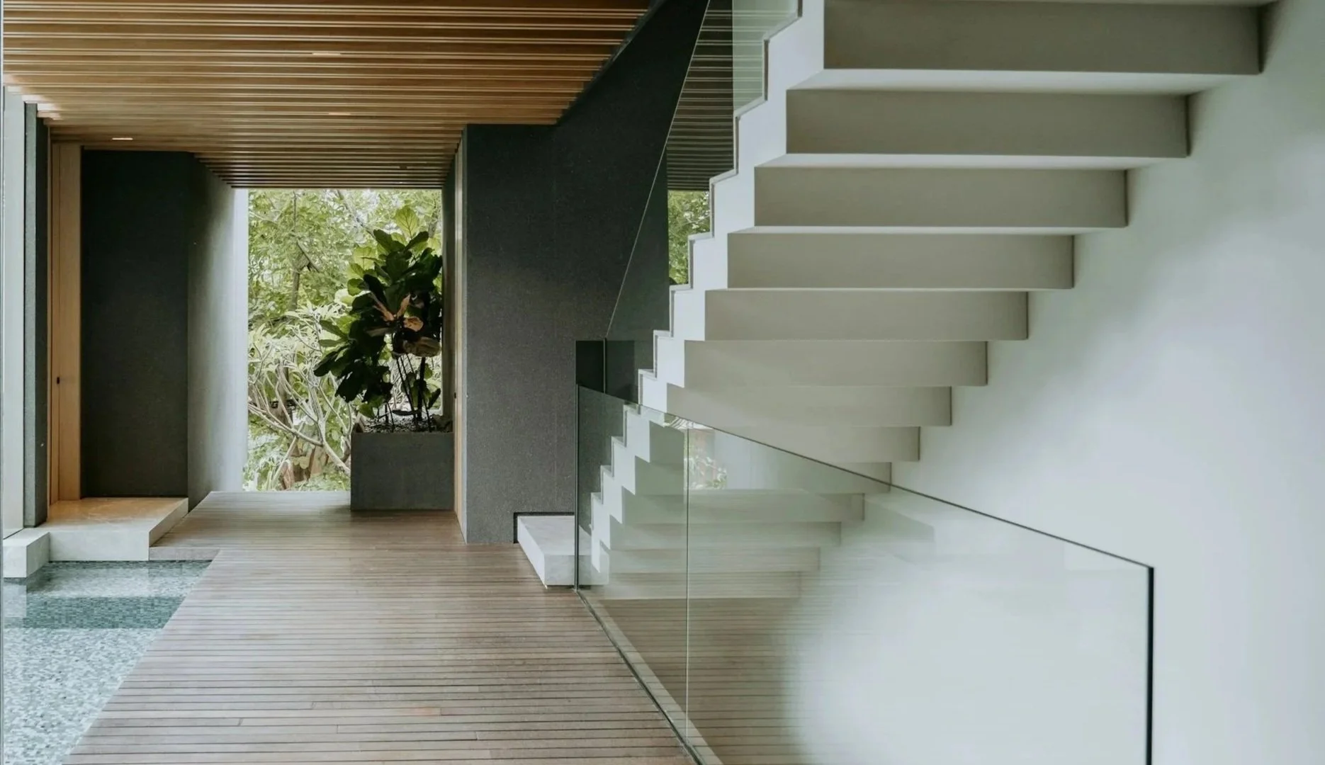 Modern interior with wood flooring, stairs with glass railing, and a large plant near a window showing trees outside.