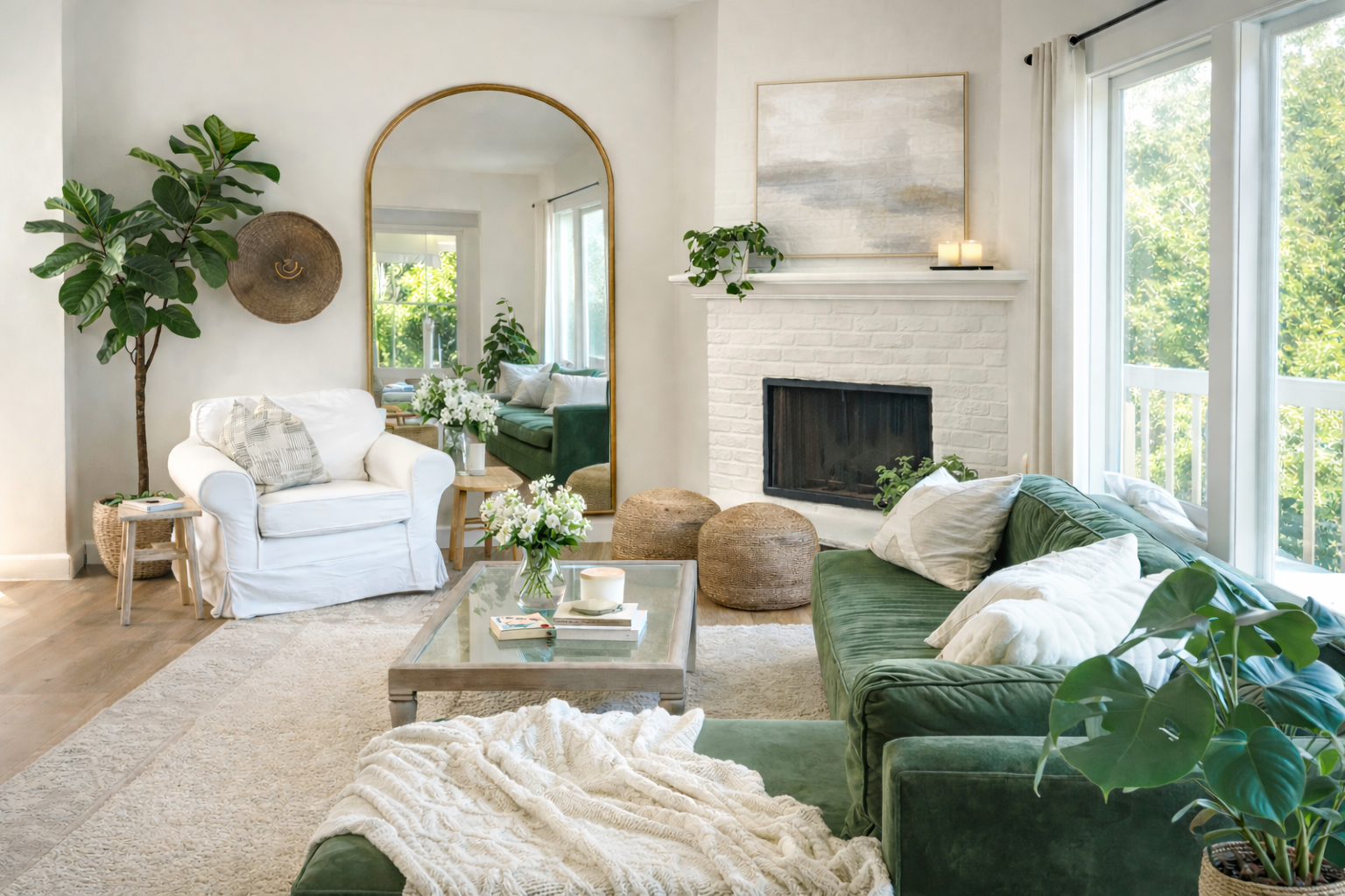 Bright living room with green velvet sofa, white armchair, gold-framed mirror, white brick fireplace, large window with white curtains, and various houseplants and decor.