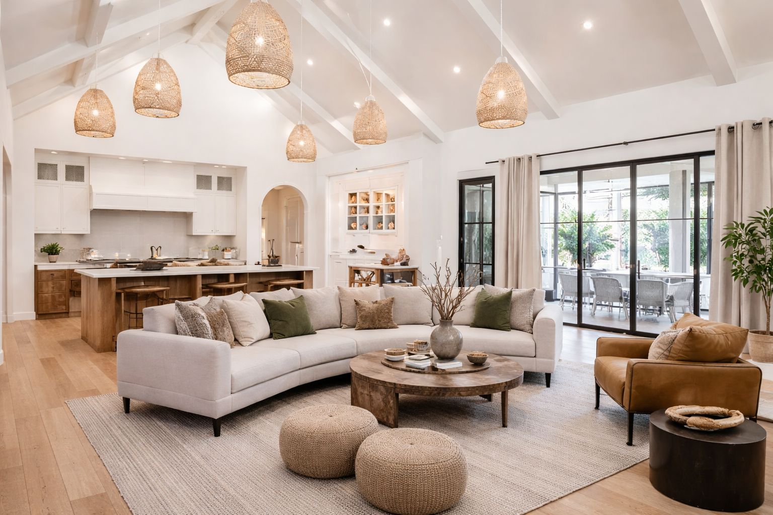 Bright living room with white walls, vaulted ceiling with exposed beams, and a large sliding glass door leading to an outdoor patio. Features include a white sectional sofa with assorted green and beige throw pillows, a round wooden coffee table with decorative items, two beige knitted poufs, a tan leather armchair, and a black side table. The space is decorated with natural woven pendant lights and a large potted plant.