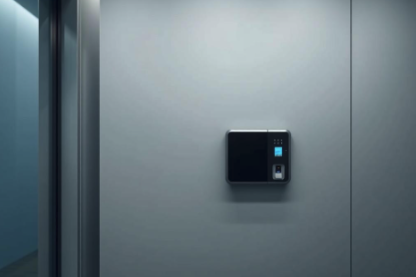 A black wall-mounted device with a small screen and a card reader on a plain gray wall.