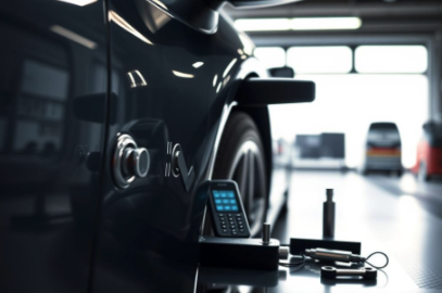 A car is lifted on a hydraulic lift in a garage, with tools and a diagnostic scanner nearby.