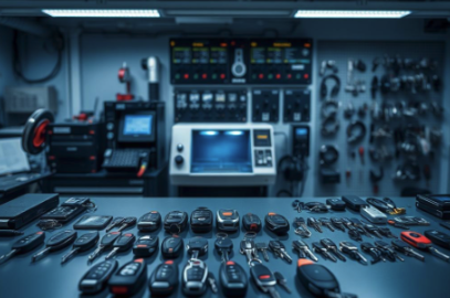 Collection of car key fobs and remote controls spread on a workbench with electronic equipment in the background.
