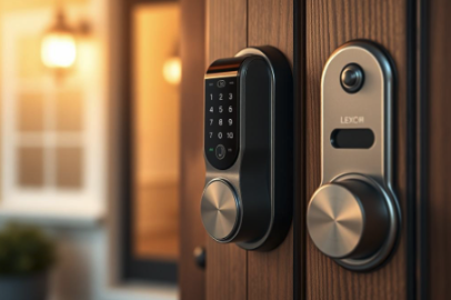 Smart lock with keypad on a wooden door.