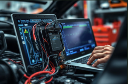 A technician using a laptop to analyze electronic circuit diagnostics with testing equipment connected by wires in an industrial or workshop setting.
