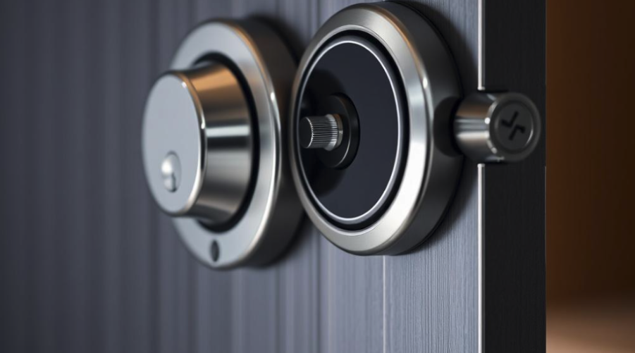 Close-up of a modern turntable's tonearm and platter on a wooden surface.
