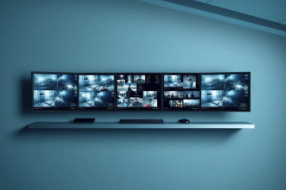 Multi-screen security monitor setup on a white shelf against a teal-colored wall