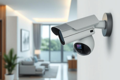 Security camera mounted on a wall in a modern home interior.