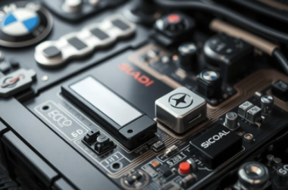 Close-up of a professional camera's internal components and circuitry.