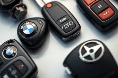 Collection of car keys and key fobs from BMW, Audi, and Mercedes-Benz.