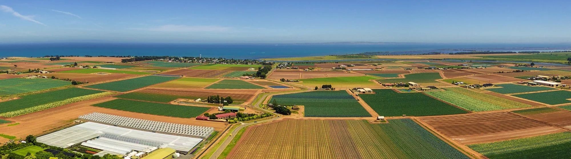 Aerial view of agricultural fields with various crops, greenhouses, and a coastline with blue ocean in the distance.