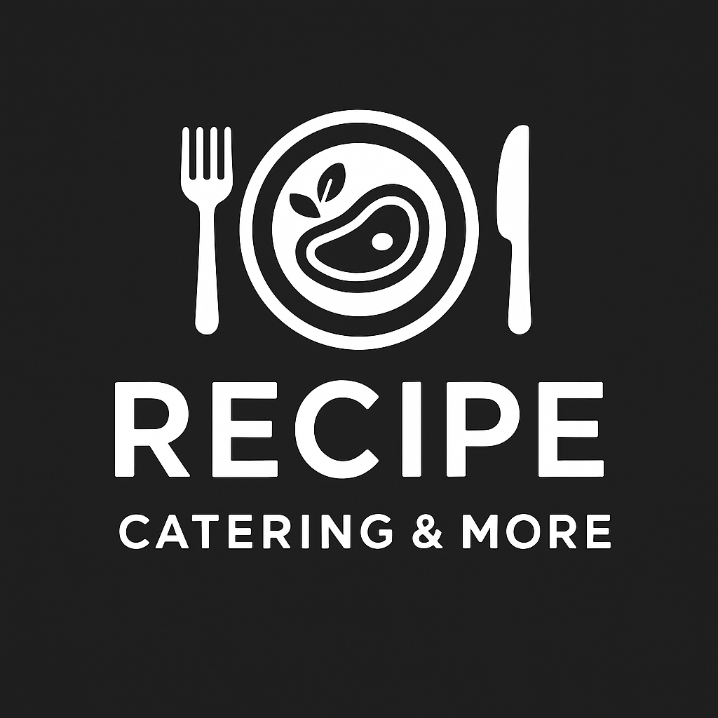 Logo for a catering business featuring a plate with a steak and leaves, a fork on the left, and a knife on the right, with the text "RECIPE CATERING & MORE" below.