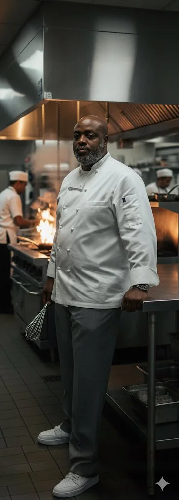 A professional chef stands in a commercial kitchen, wearing a white chef's coat, gray pants, and white sneakers, with one hand holding a whisk and the other resting by his side. Other chefs are working in the background.