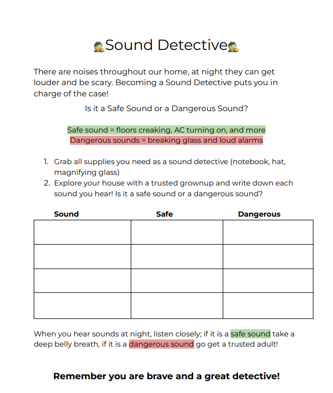 A printable guide titled 'Sound Detective' explaining how to identify safe and dangerous sounds in a home at night, with instructions, a chart, and notes about listening carefully to sounds.