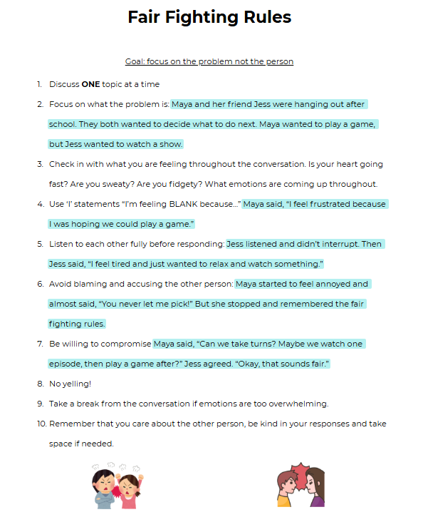 Text of fair fighting rules, emphasizing focus on the problem rather than the person, with specific references to interactions between Maya, Jess, and their emotions, along with simple illustrations of two pairs of young women displaying different em