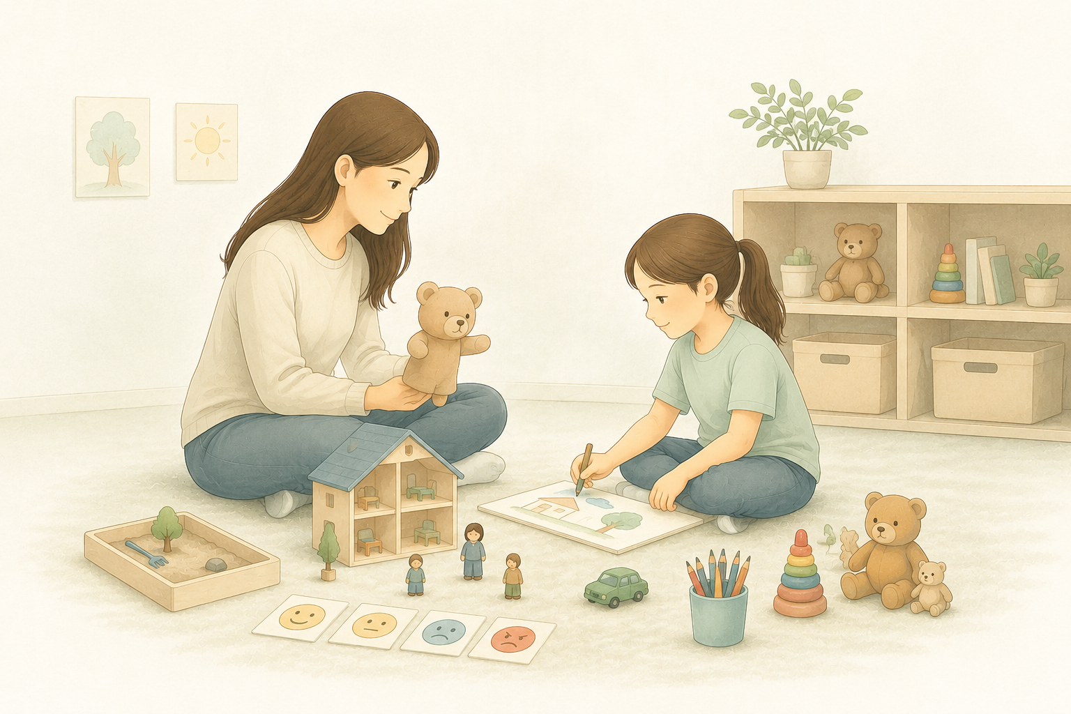 A woman and a girl playing with toys and drawing on a sheet of paper in a nursery room, with plush bears, miniature people, and a toy house.