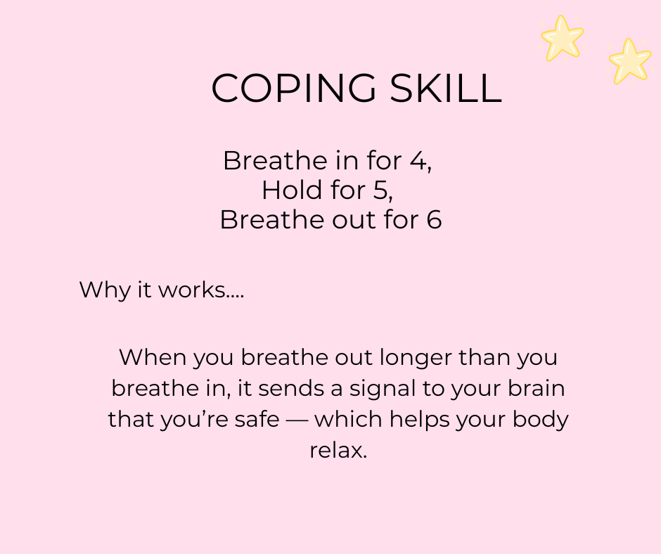 'COPING SKILL' and instructions for breathing exercises: 'Breathe in for 4, Hold for 5, Breathe out for 6.' Wild Ivy Psychotherapy, Child Therapy