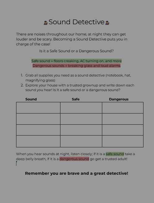 Educational poster titled 'Sound Detective' explaining how to identify safe vs. dangerous sounds at home, with example phrases and a chart to record sounds.