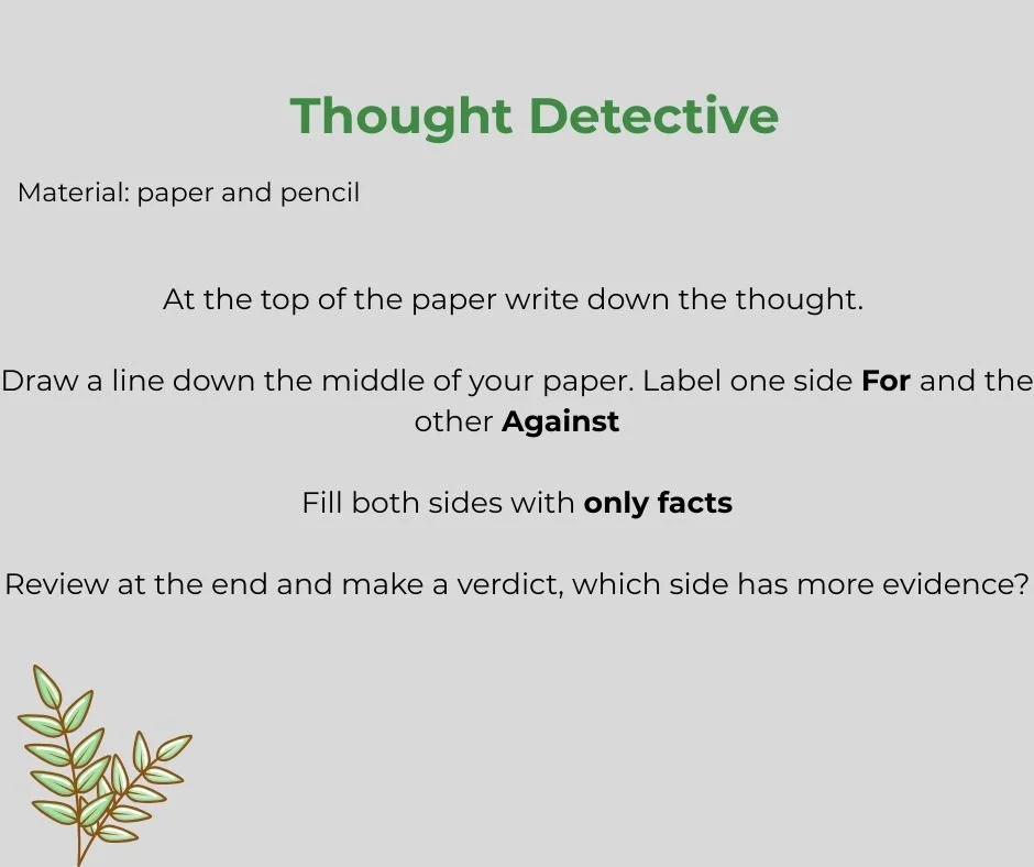 Instructions for a thought detective activity written on a gray background, with green heading, black text, and a small illustration of a leafy branch in the bottom left corner.