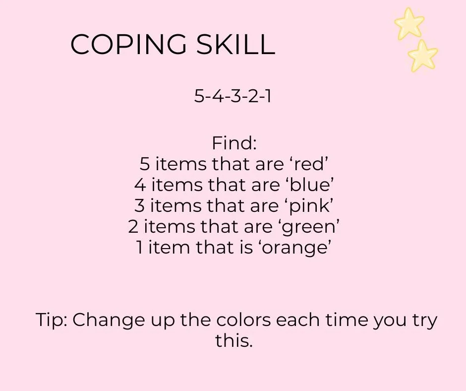 Light pink background with Stars in the top right corner. Text about a coping skill game involving finding items of different colors with a tip to change colors each time you try.