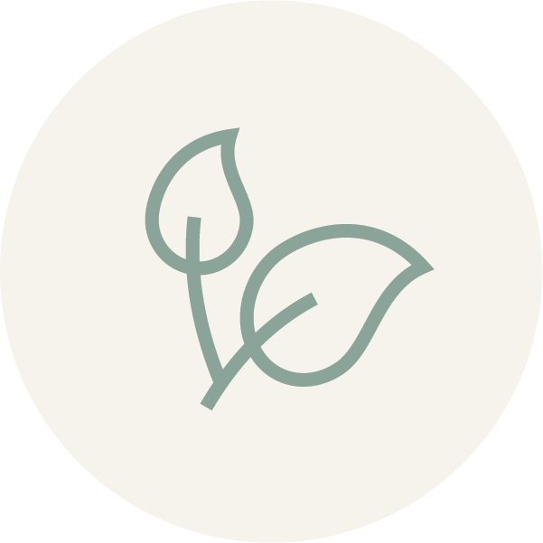 Line drawing of two leaves, one smaller than the other, on a circular light background.