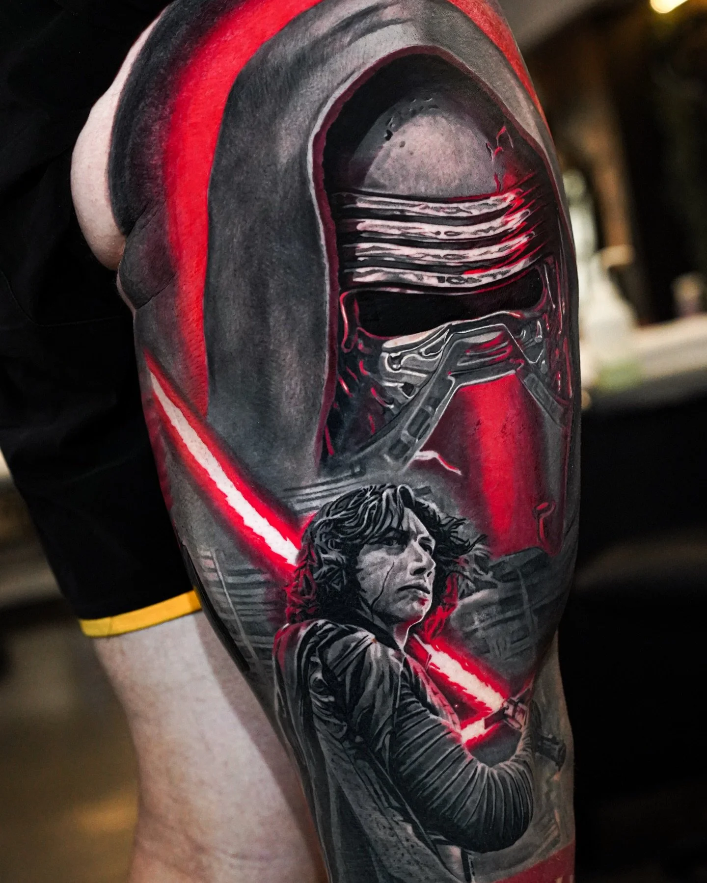 More Star Wars added to Jack&rsquo;s leg sleeve, this time @adamdriveroffical as Kylo Ren.
Thanks Jack for all your effort travelling down to Melbourne and always sitting like a champ.

One final session to go to complete this 2 years full leg sleeve