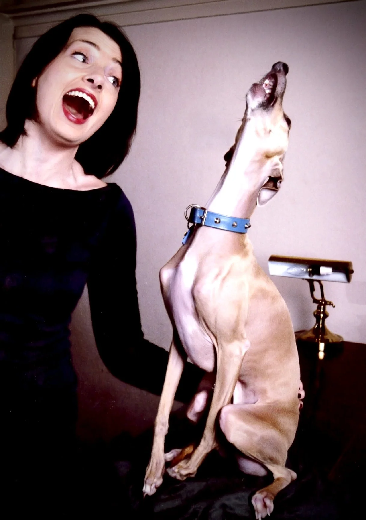 With Pikelet the singing Italian Greyhound, 2002
