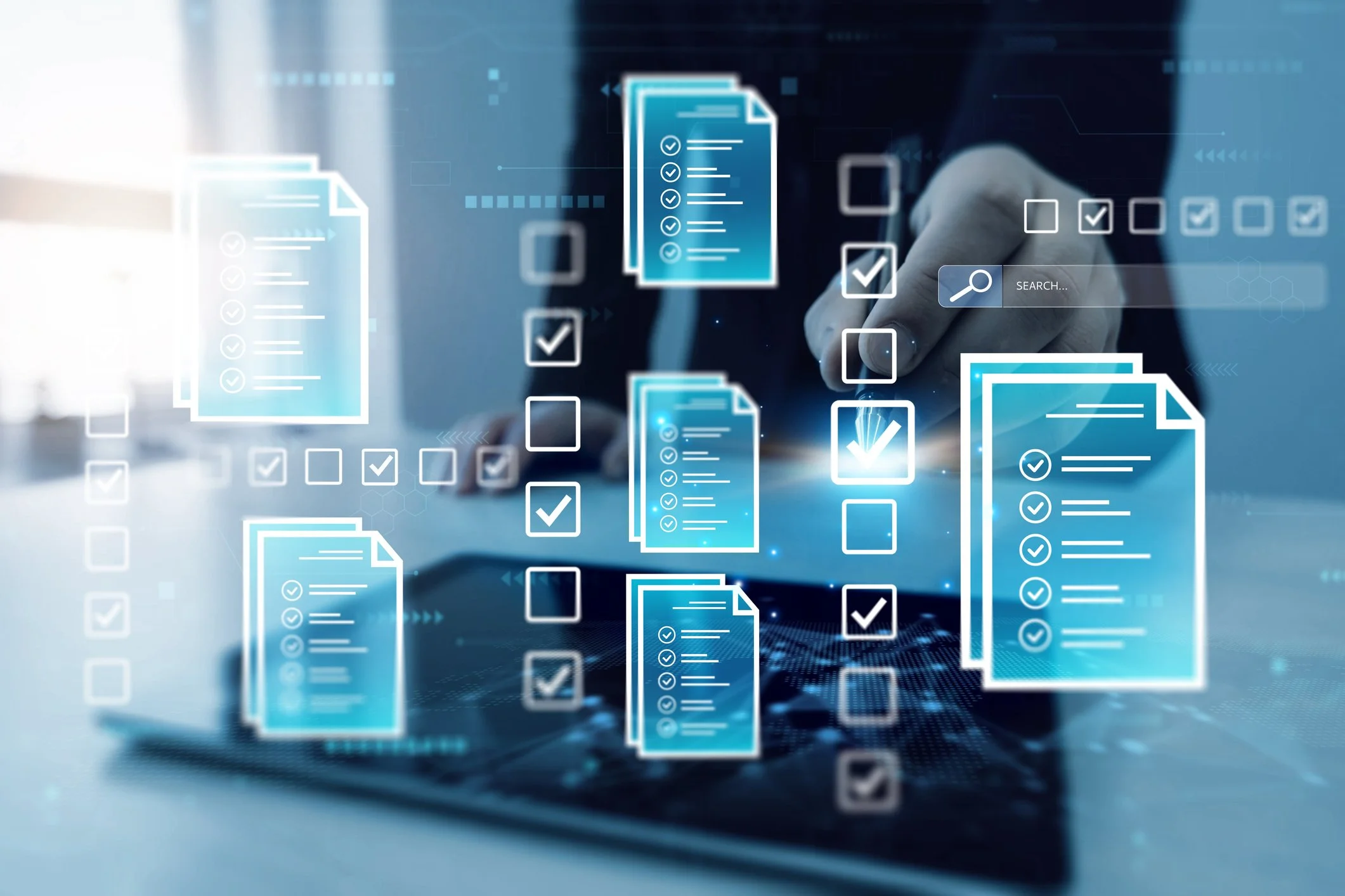 Digital illustration of a person interacting with floating digital documents, checkboxes, and search icons, representing digital document management or data organization.