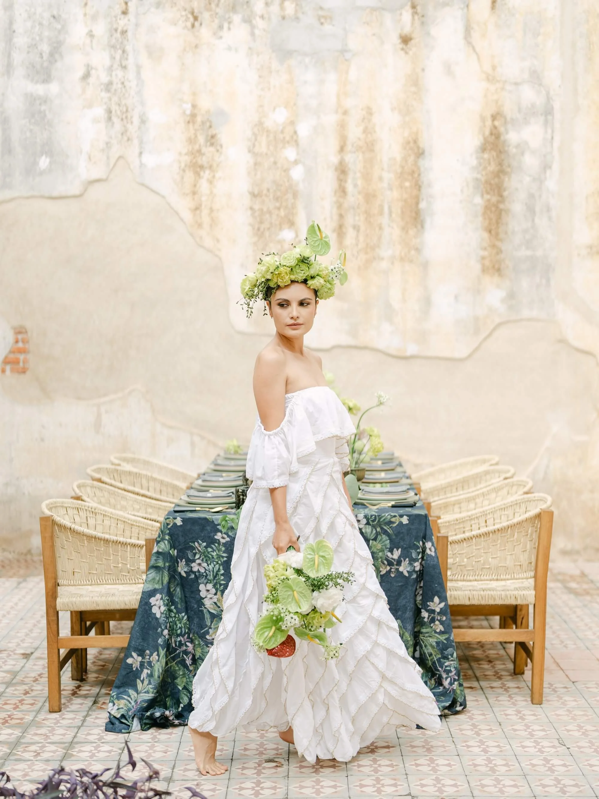 outdoor wedding tablescape with fresh florals and warm neutral tones Mexico