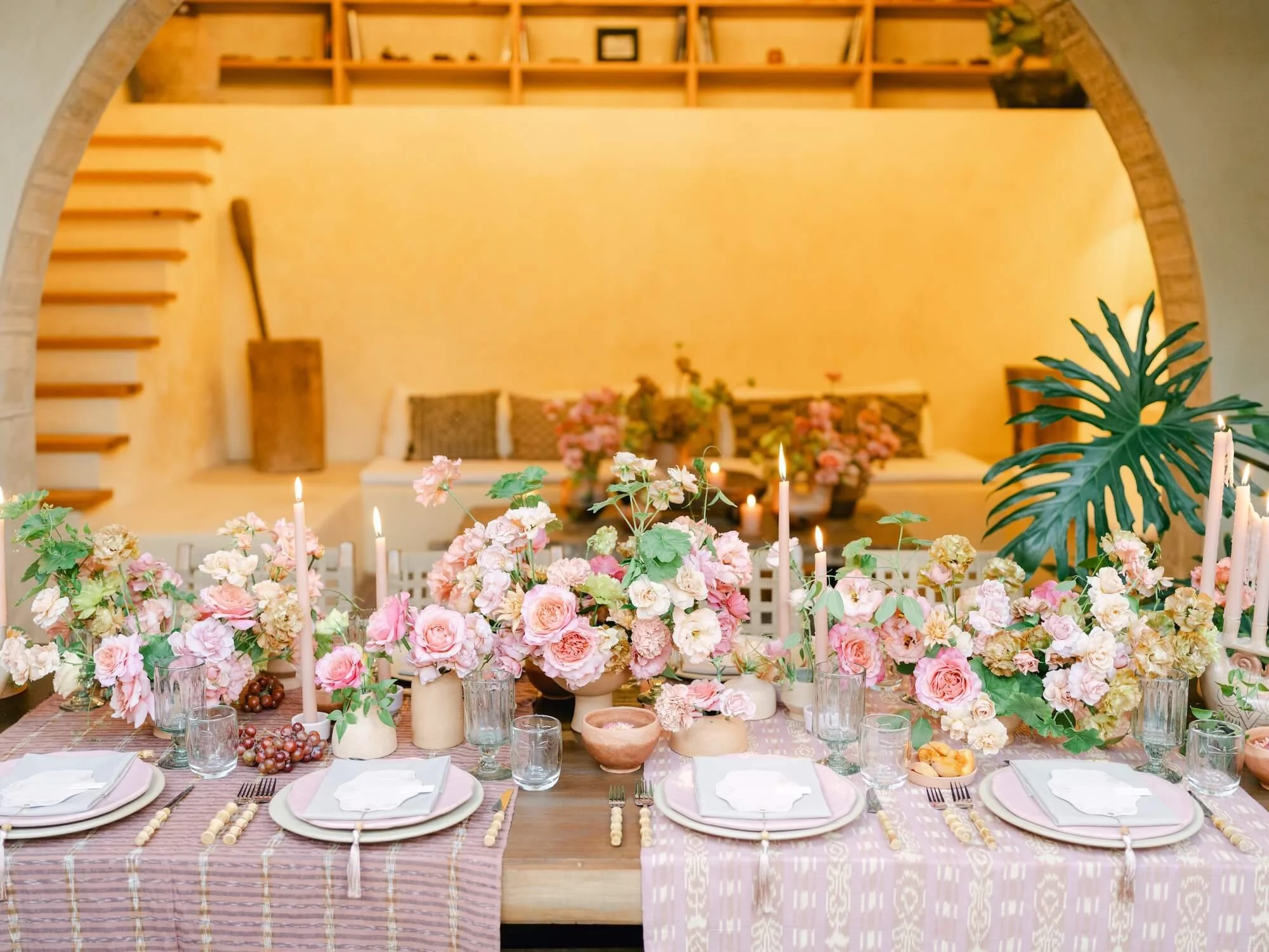 contemporary bridal editorial with vibrant bouquet and architectural backdrop