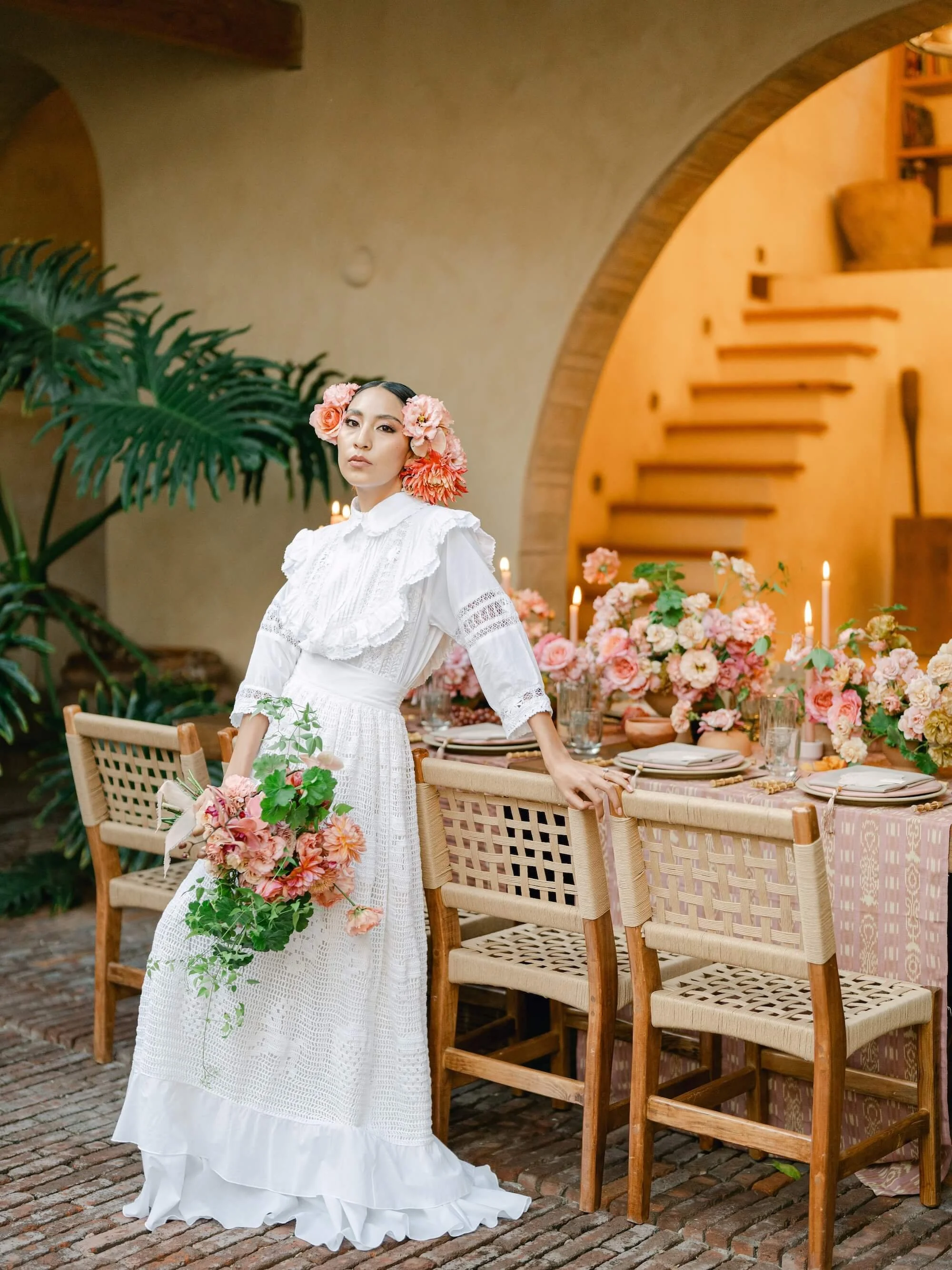 luxury destination wedding bride holding organic white bouquet in San Miguel de Allende by Florklor