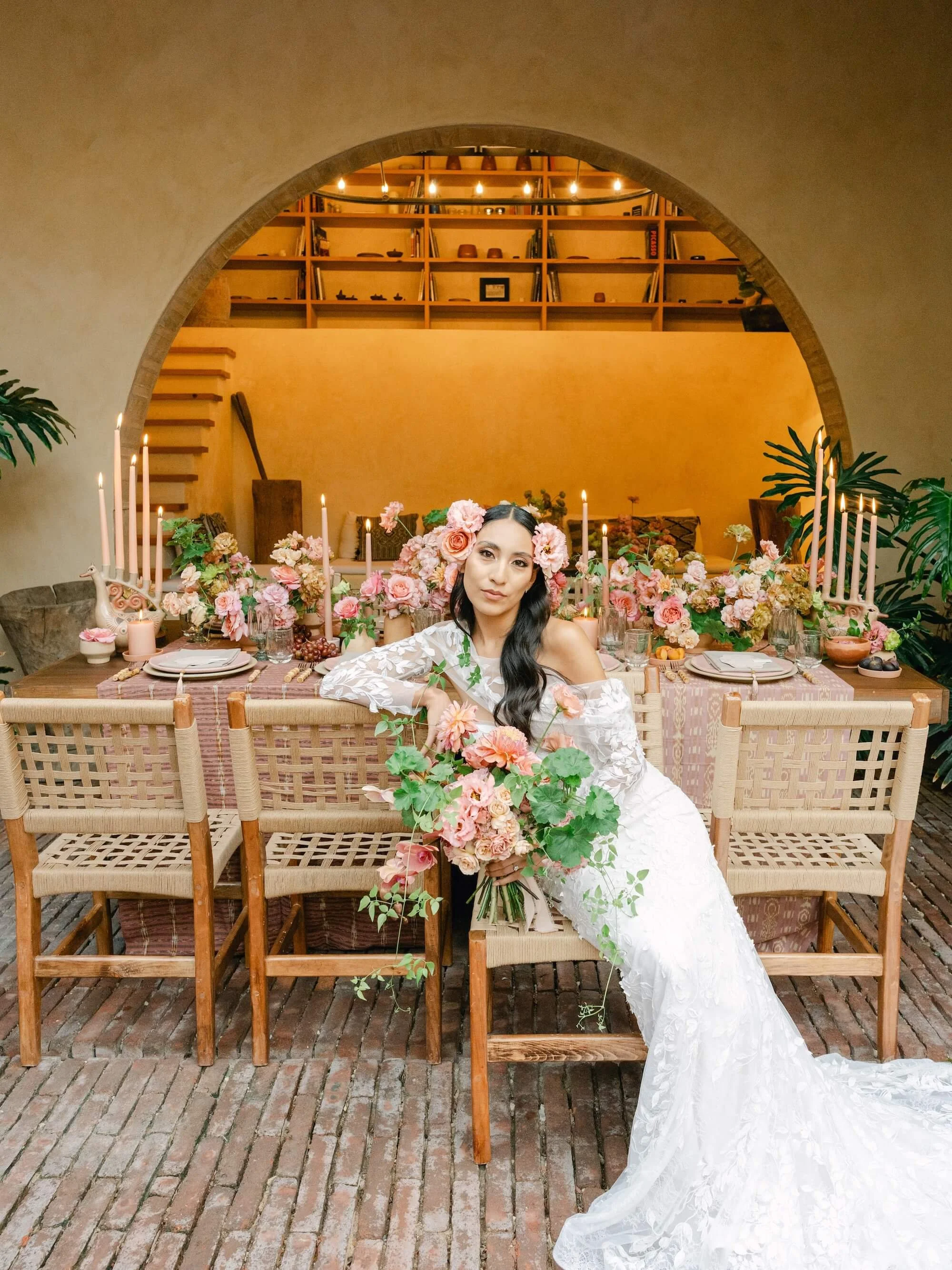 bride walking with yellow bouquet in editorial wedding photoshoot Mexico