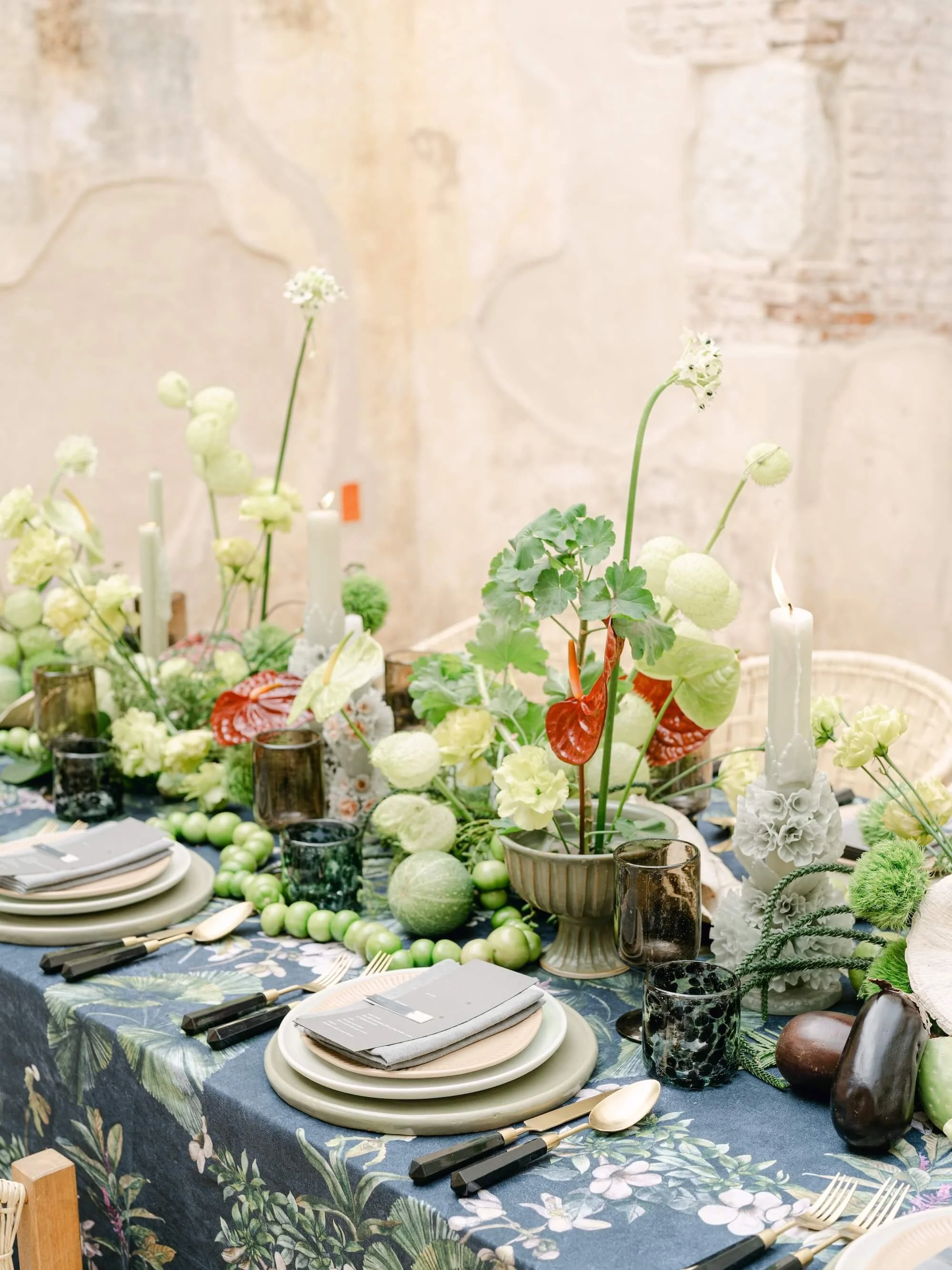 luxury wedding couple moment surrounded by soft floral arrangements and natural textures