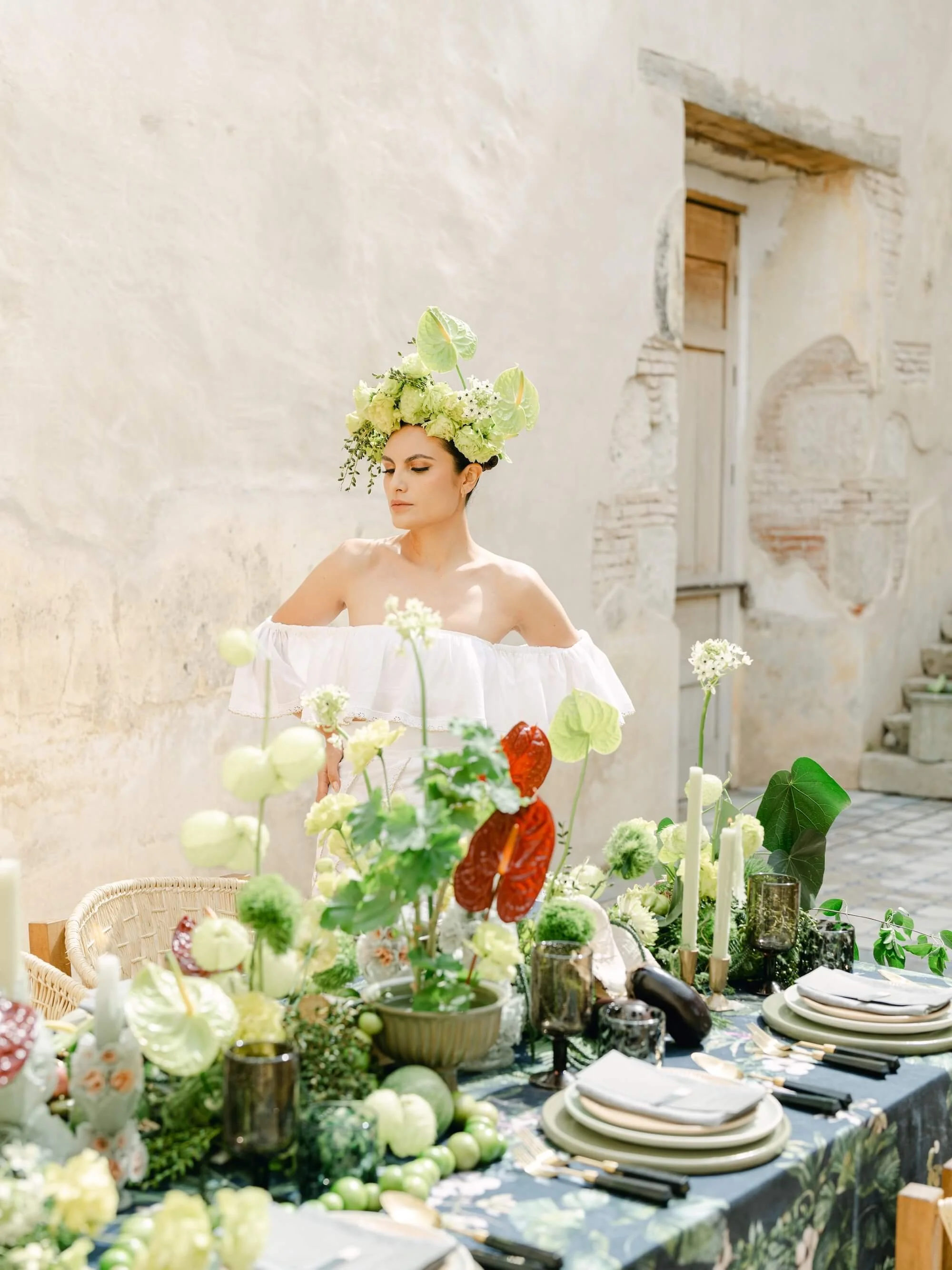editorial wedding table setting with soft florals and refined details
