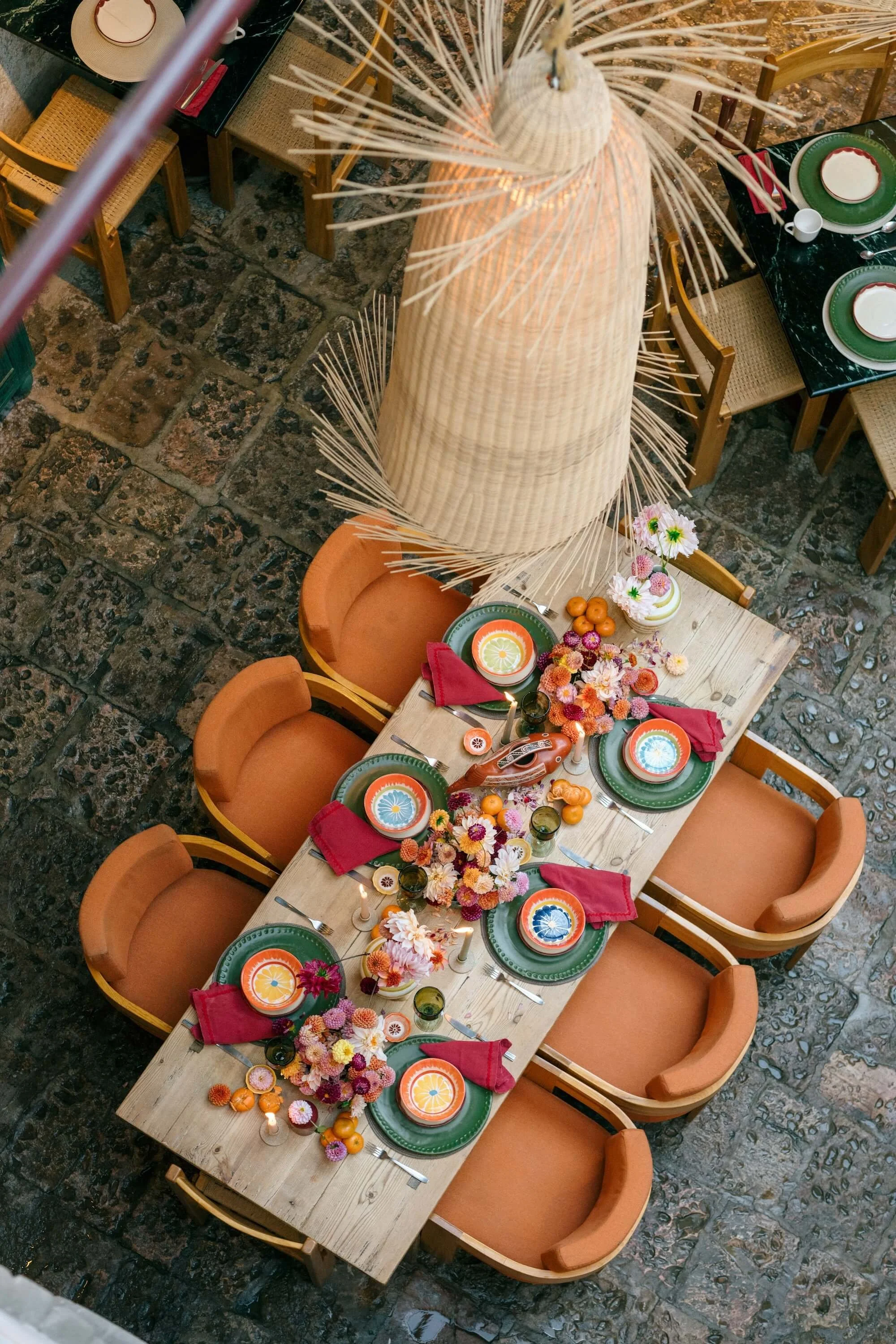 bold and playful wedding table styling with mixed textures and vivid palette