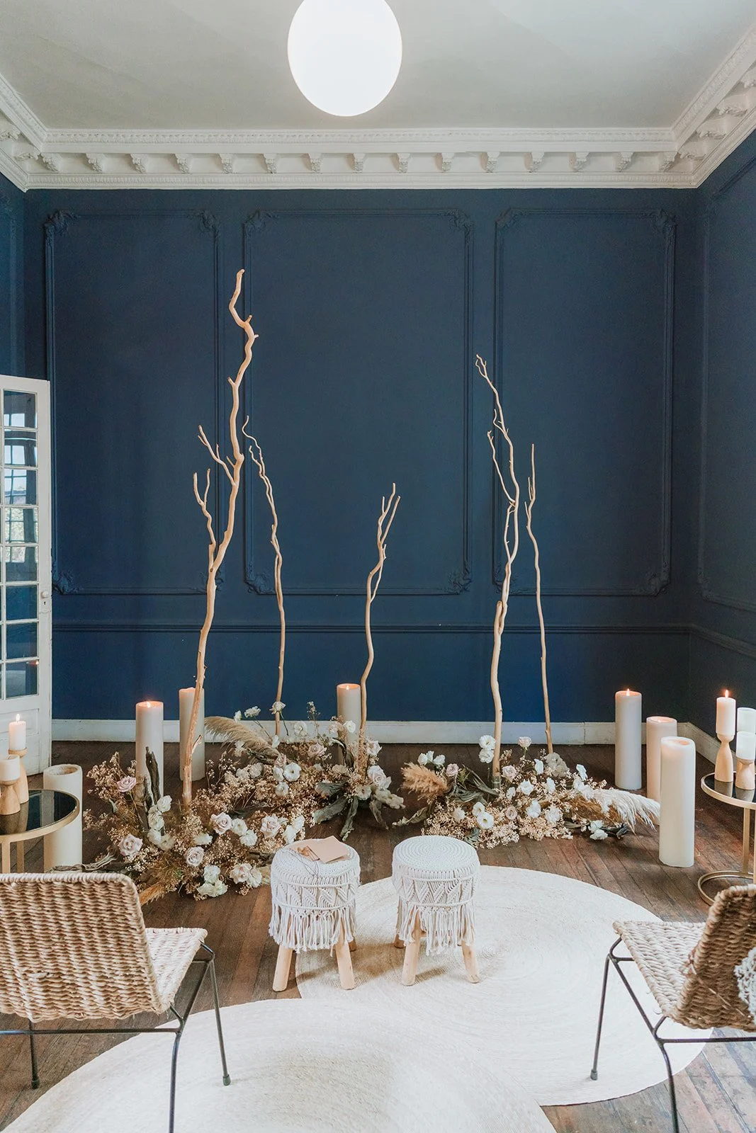 bridal bouquet with soft neutral flowers and textured wall background