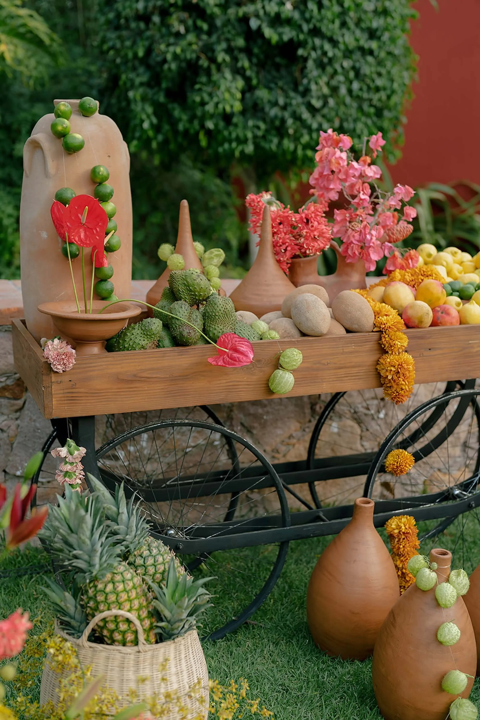 a quiet exchange framed by soft floral surroundings