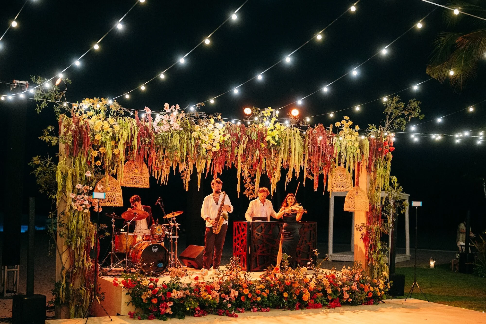 suspended blooms creating a floating floral canopy over reception