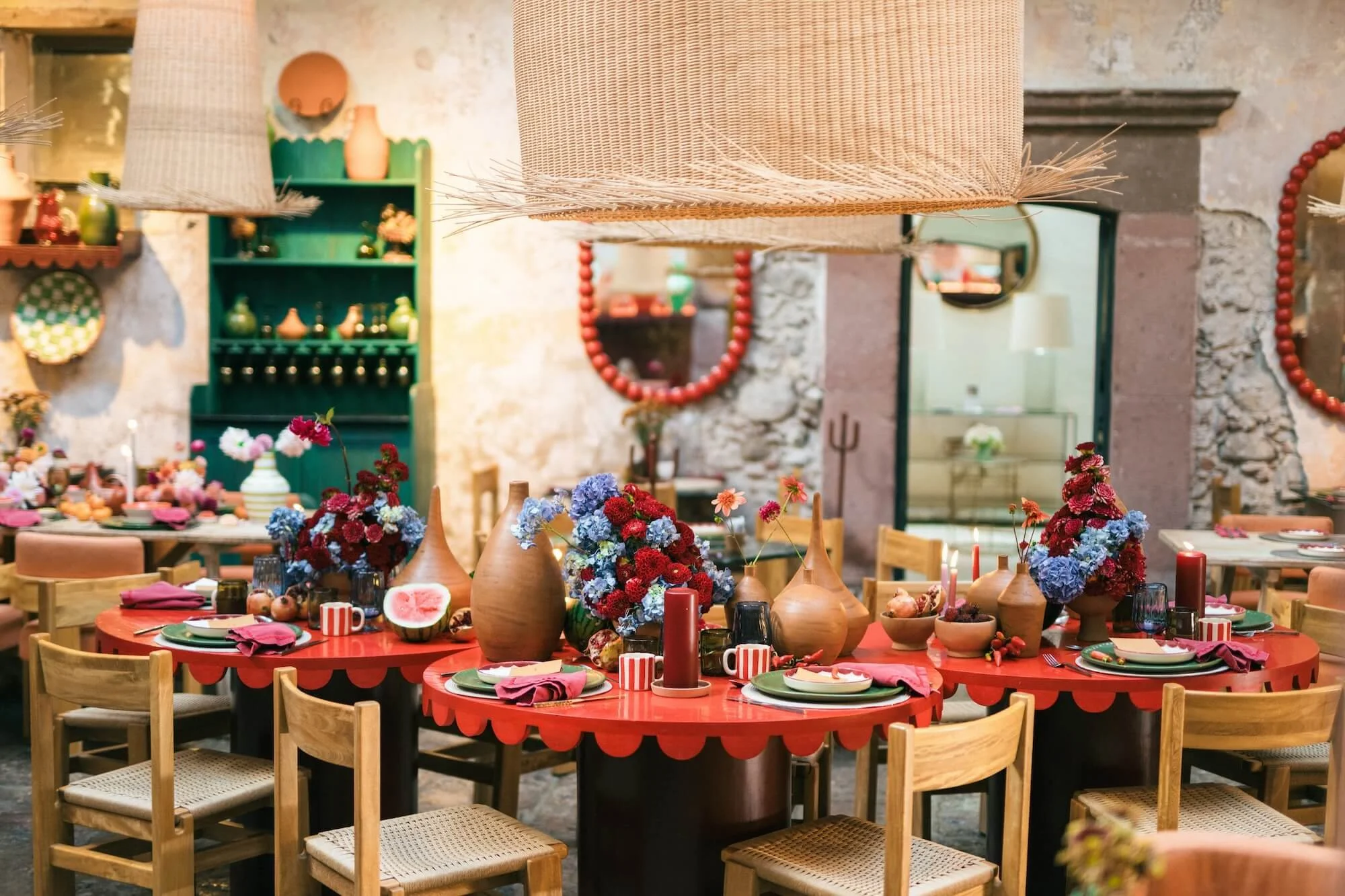 modern Mexican inspired wedding table with bold floral composition