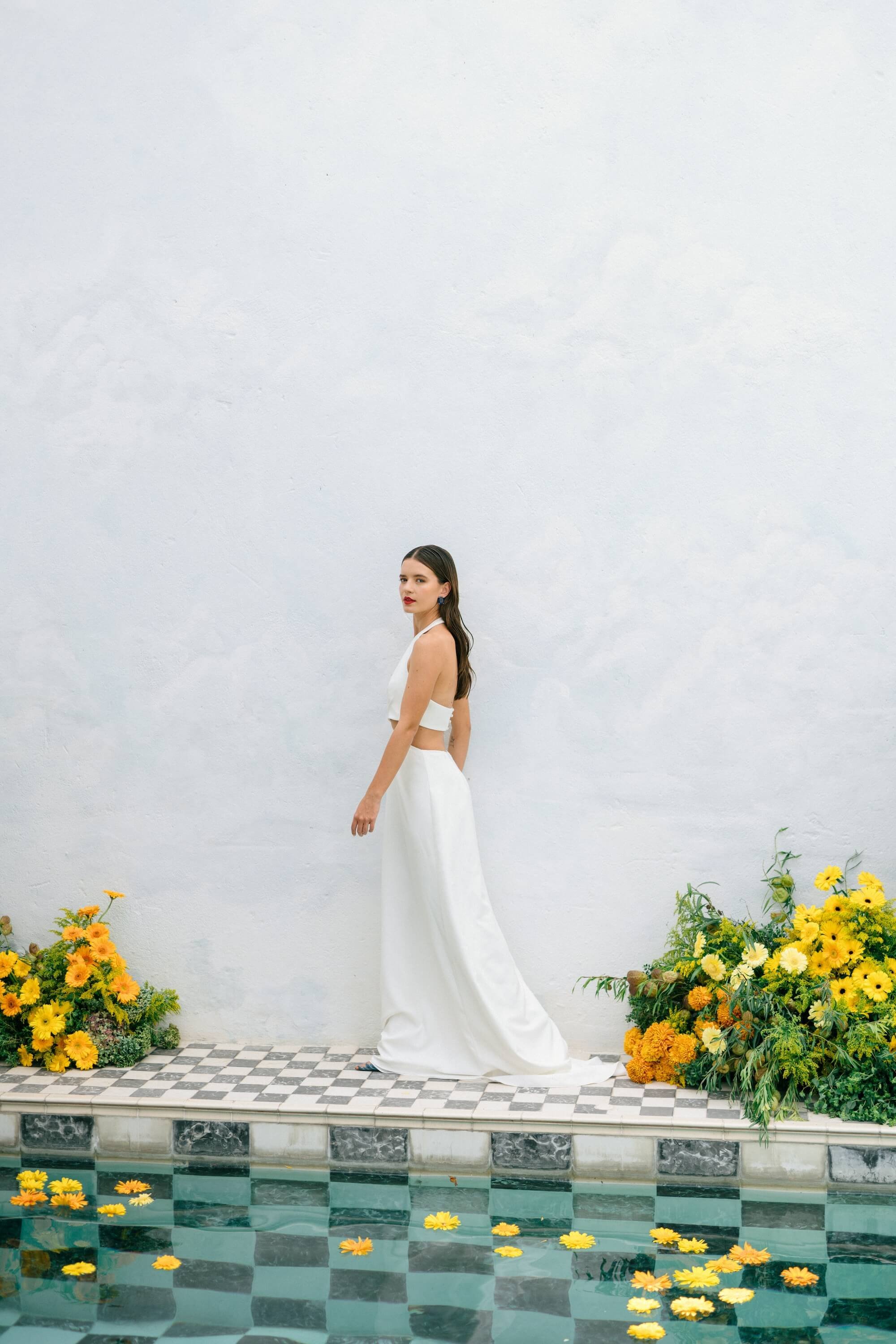 fashion forward wedding photoshoot with minimalist architecture and florals
