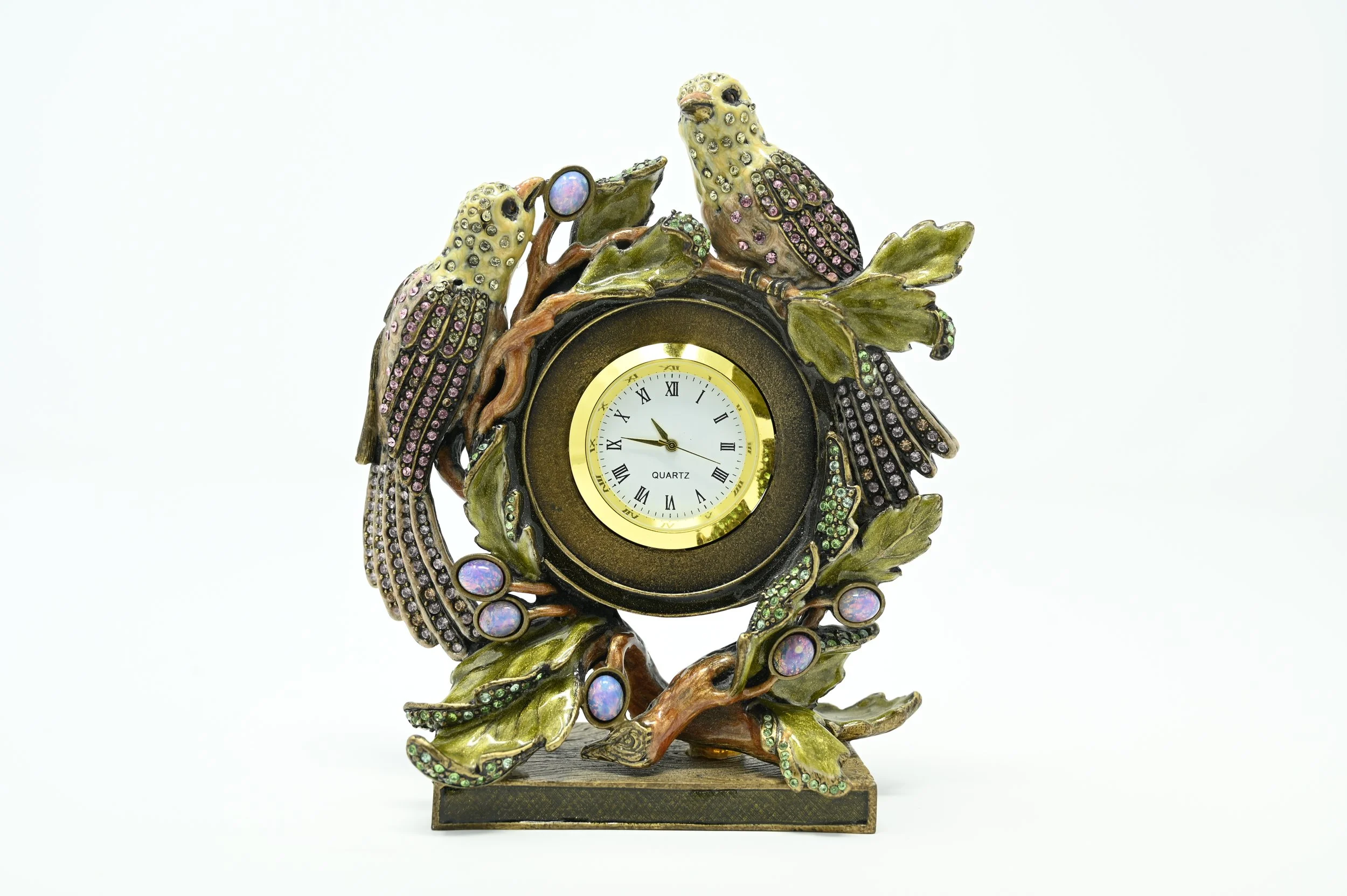 Jay Strongwater Jeweled Songbirds Desk Clock – Hand-Enameled Brass, Swarovski-Style Crystals, Replaced Quartz Insert – Rare Collector Piece