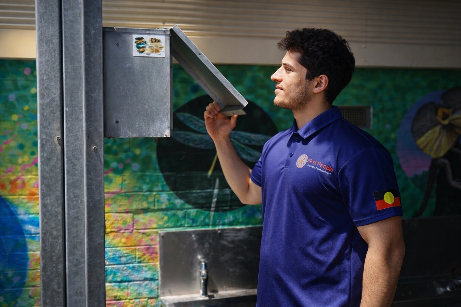 A young man in a blue shirt with First People Federal Laboratory logo and Aboriginal flag is smiling and holding a metal object near his face, standing outside against a colorful mural background.