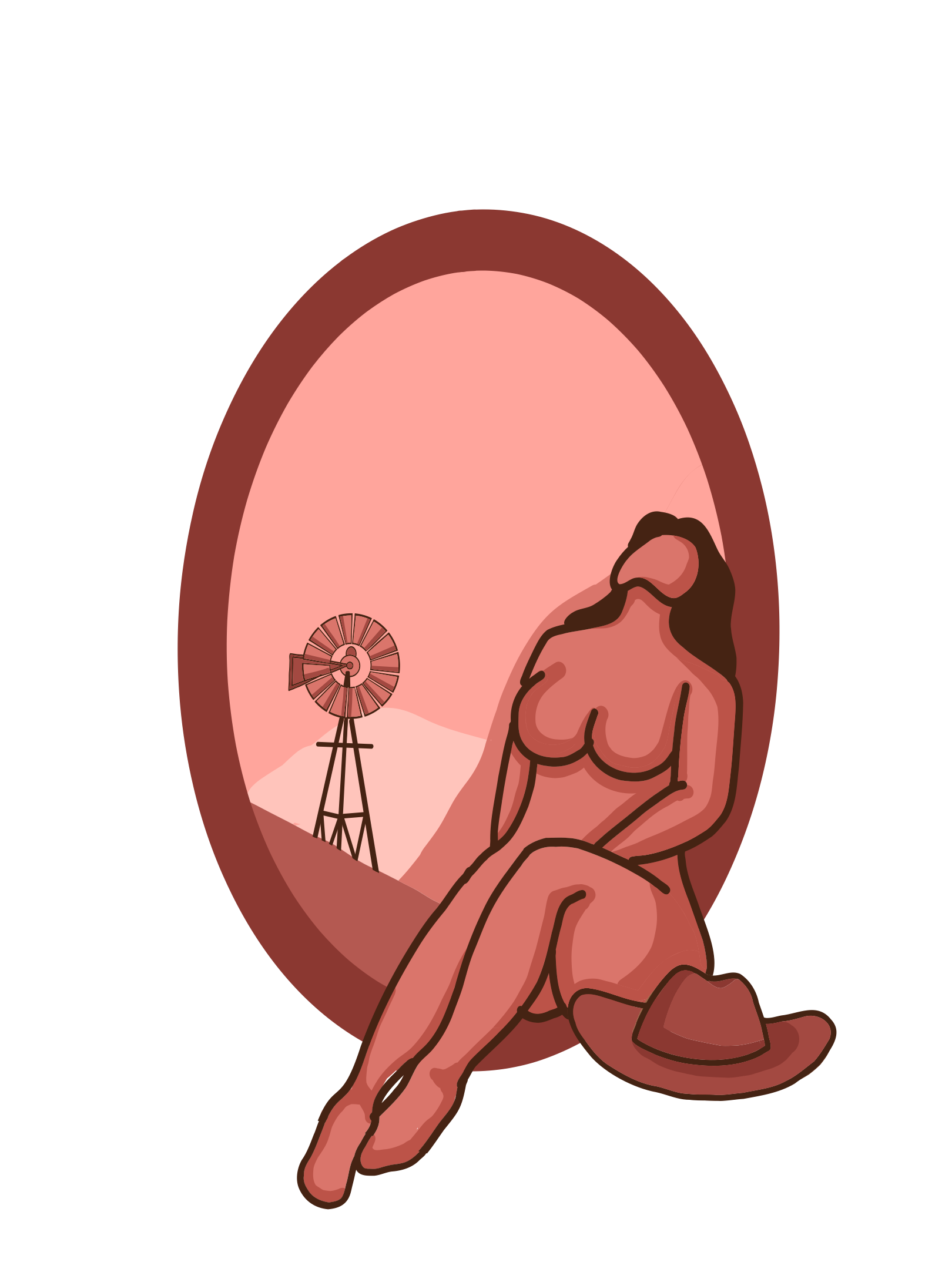 Digital illustration of a reclining naked woman with long hair, sitting in front of an oval mirror, with a windmill in the background landscape.