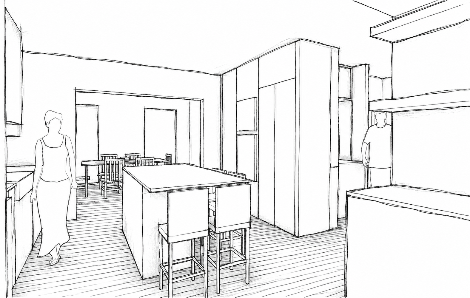 Sketch of a modern kitchen with a woman walking and a man in the background, featuring an island, dining table, and cabinetry.