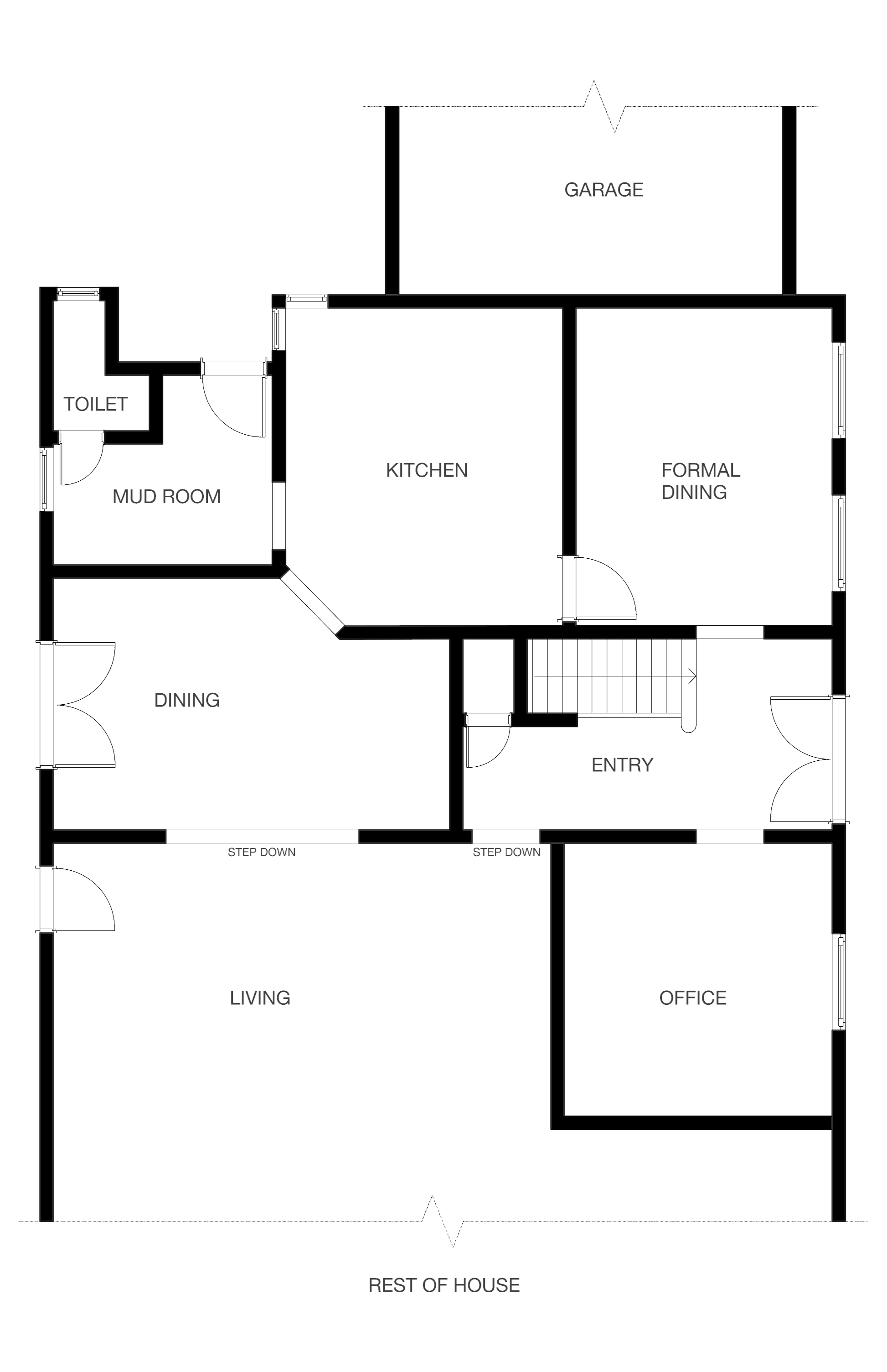 Floor plan of a house showing a garage at the top, kitchen, formal dining, entry, living room, office, and other rooms, with stairs and doorways connecting these spaces.